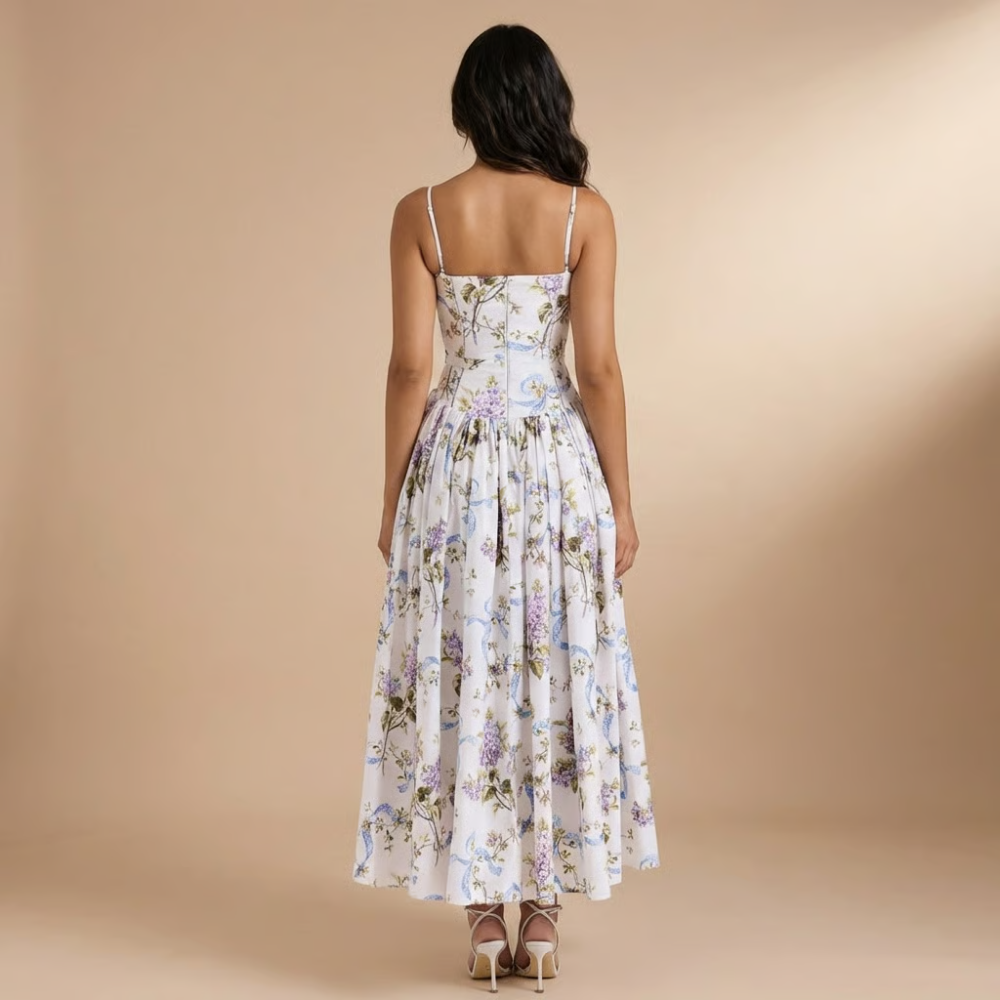 Chic A-line floral midi dress with a structured corset bodice, ideal for spring & summer occasions.