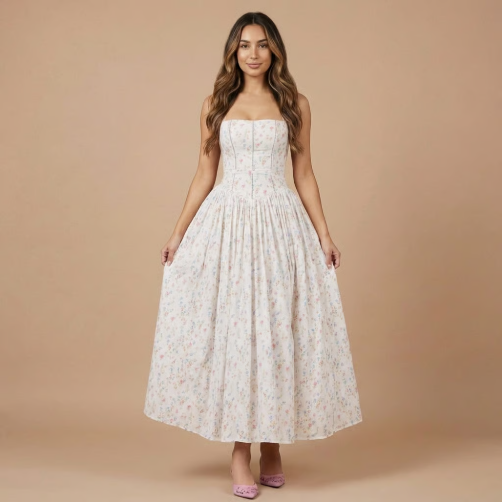Sophisticated sleeveless floral midi dress for women, a stylish choice for formal events & cocktail parties.