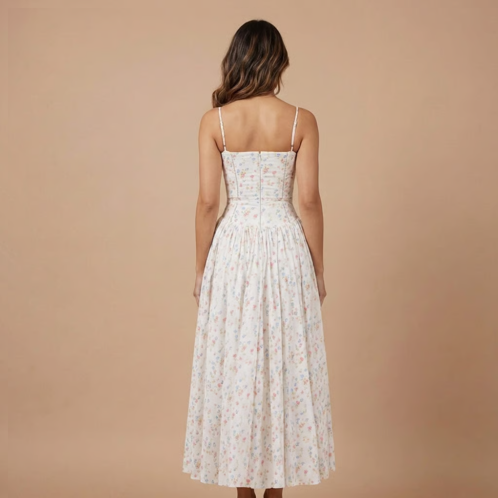 Women's elegant floral print corset midi dress, perfect special occasion wear for weddings.