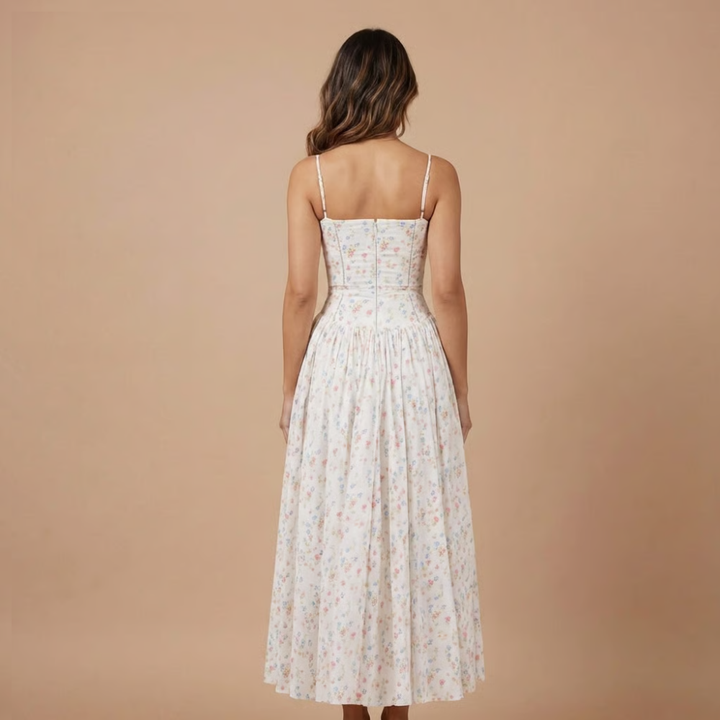 Women's elegant floral print corset midi dress, perfect special occasion wear for weddings.