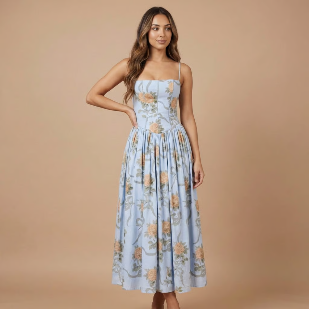 Light and airy floral midi dress featuring a flattering corset top, excellent for outdoor spring events.