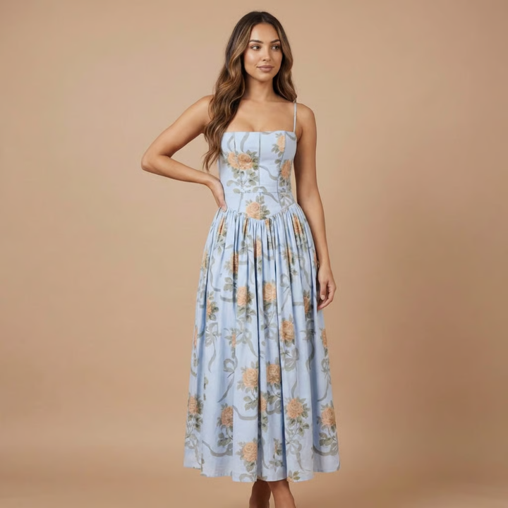 Light and airy floral midi dress featuring a flattering corset top, excellent for outdoor spring events.