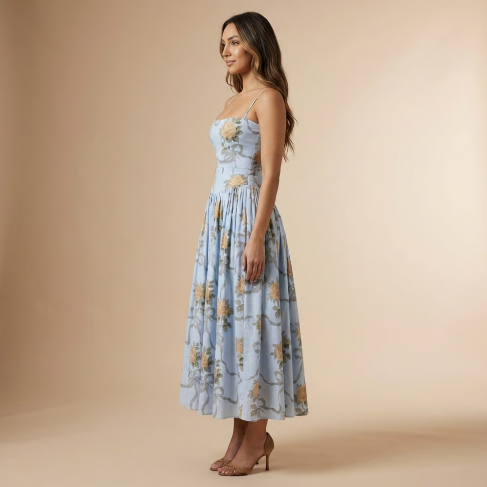Trendy women's floral A-line midi dress with a stylish corset design, suitable for formal gatherings.