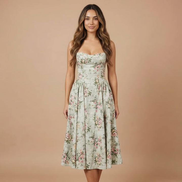 Flattering elegant floral midi dress with a structured corset top, ideal wedding guest attire.