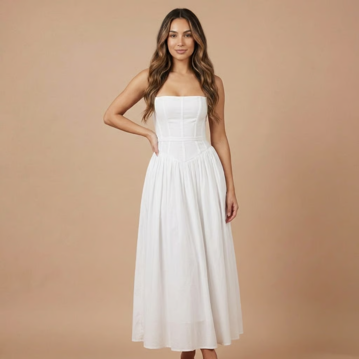 Sleeveless elegant floral midi dress with a flattering corset design, perfect for spring weddings.