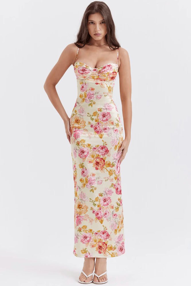 Elegant women's floral corset slip maxi dress, perfect for wedding guests & formal events.