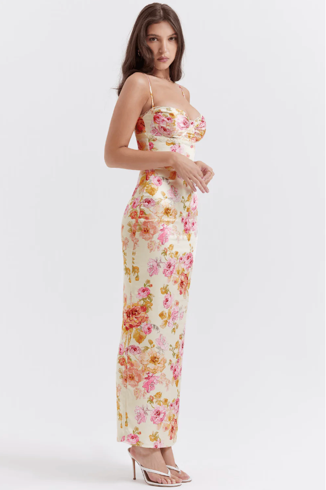 Trendy women's floral corset slip maxi dress, elegant and fashionable for special occasions.