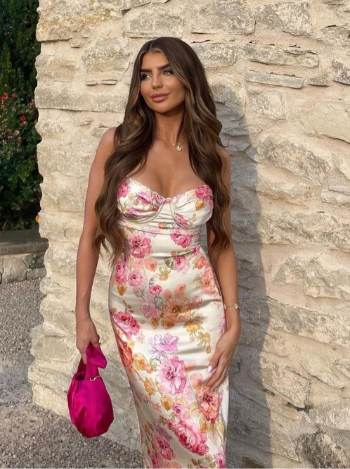 Full-length floral corset slip maxi dress, an elegant wedding guest or formal party dress for women.