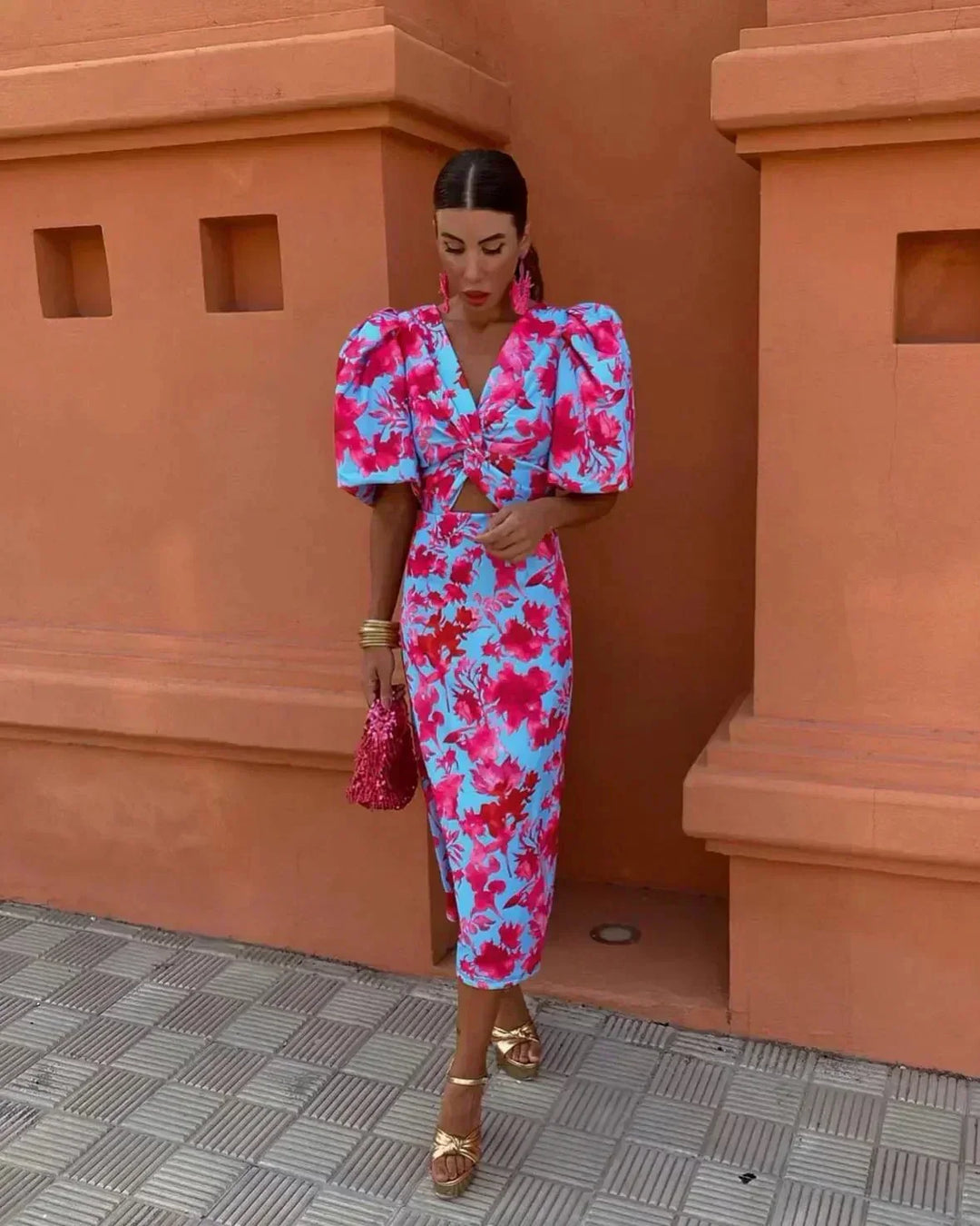 Elegant women's floral cutout midi wedding guest dress with puff sleeves & V-neck, perfect for spring/summer occasions.