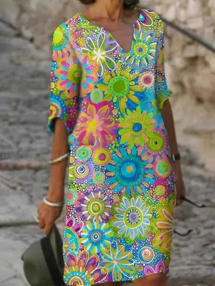 Flowy women's floral evening dress with tummy control. Elegant & vibrant for parties & special occasions.