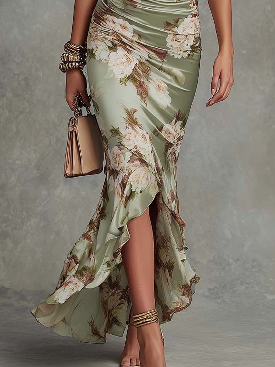 Elegant floral V-neck fishtail maxi dress for women, featuring a ruched waist. Perfect as a party or occasion dress.