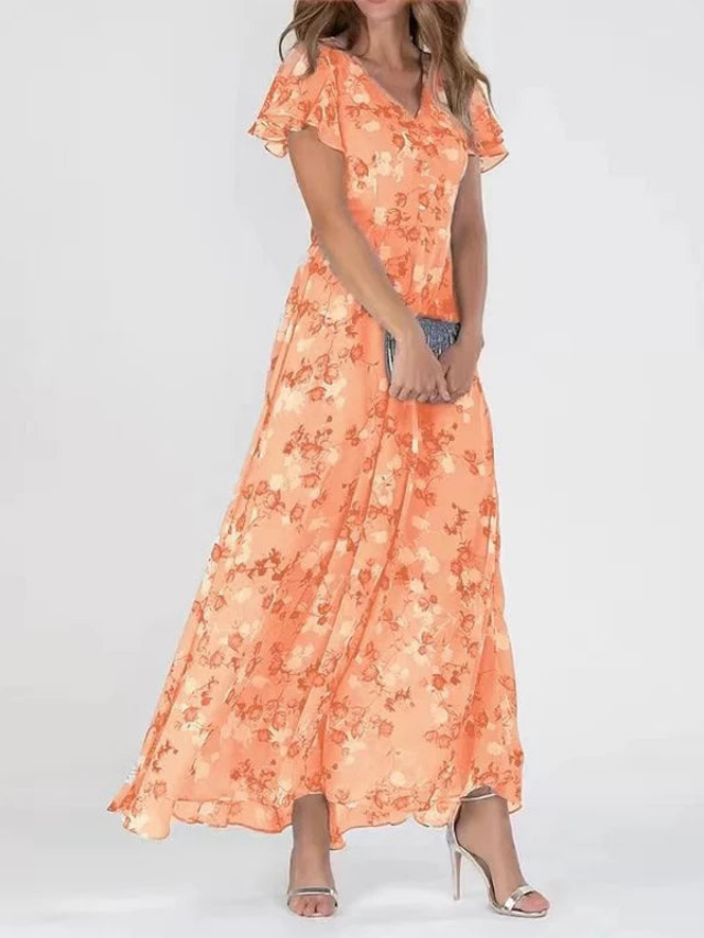 Elegant women's floral flutter sleeve V-neck maxi dress, perfect for summer events, vacations & garden parties.