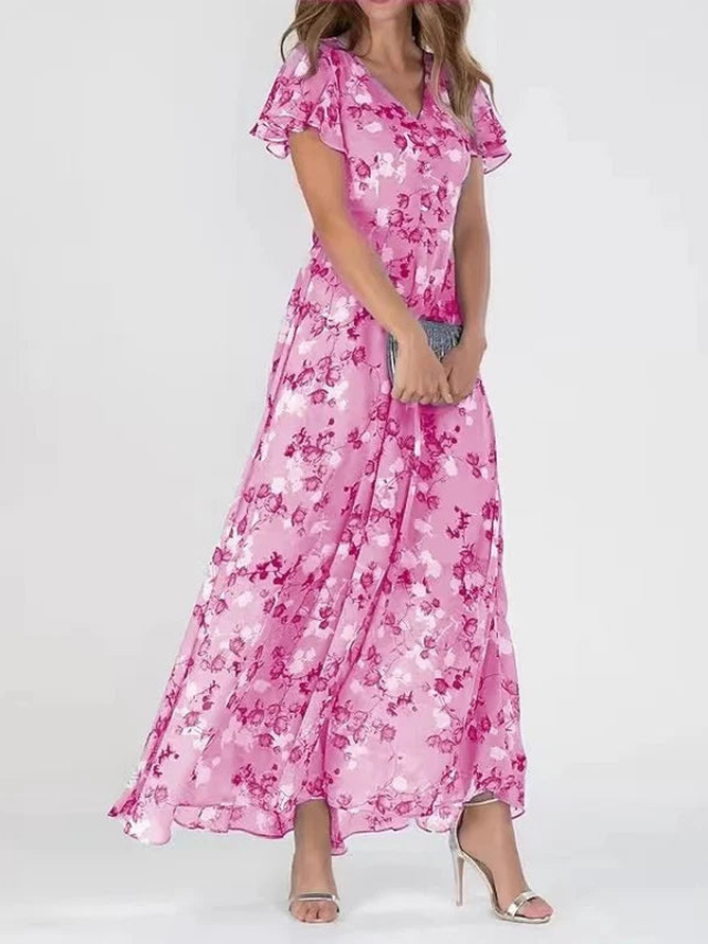 Women's elegant floral maxi dress with delicate flutter sleeves & V-neckline. Great for summer occasion wear.