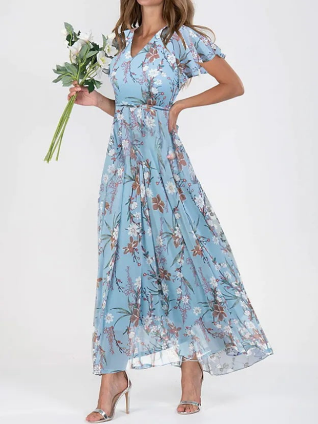 Beautiful women's floral summer maxi dress, designed with elegant flutter sleeves & a flattering V-neck cut.