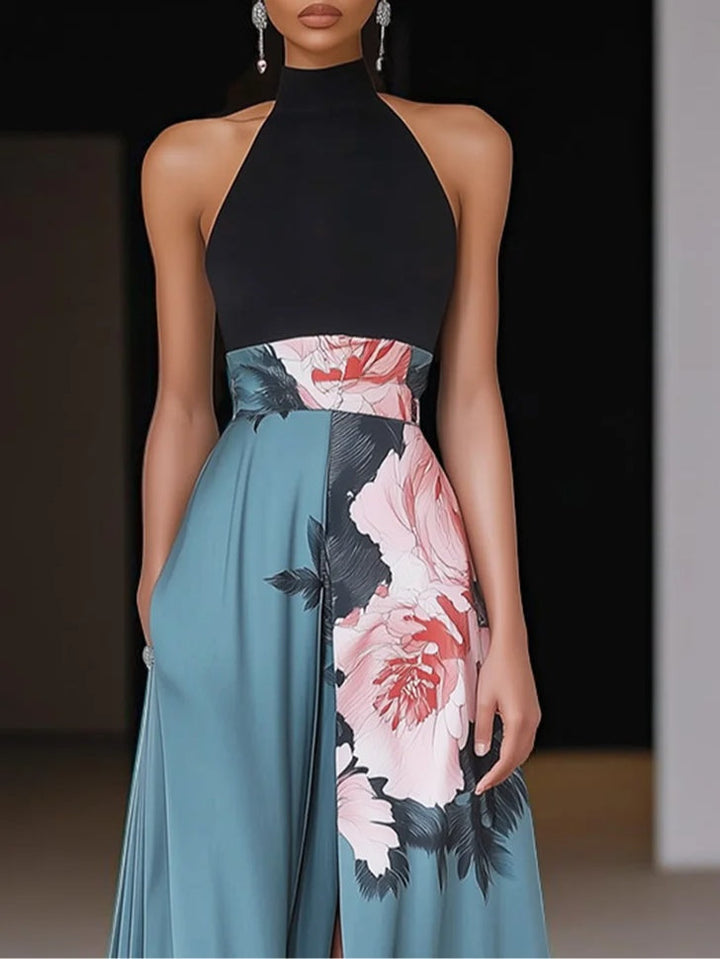 Elegant women's floral halter maxi dress, perfect for wedding guests or special occasion parties. Sleeveless evening gown.