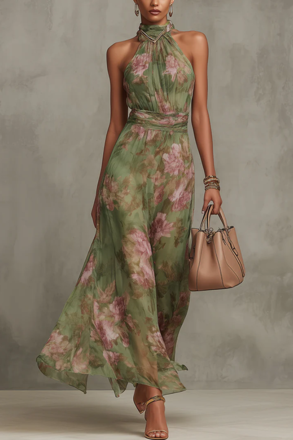Elegant women's floral halter maxi dress, perfect for summer parties or vacation. Flowing chic design.