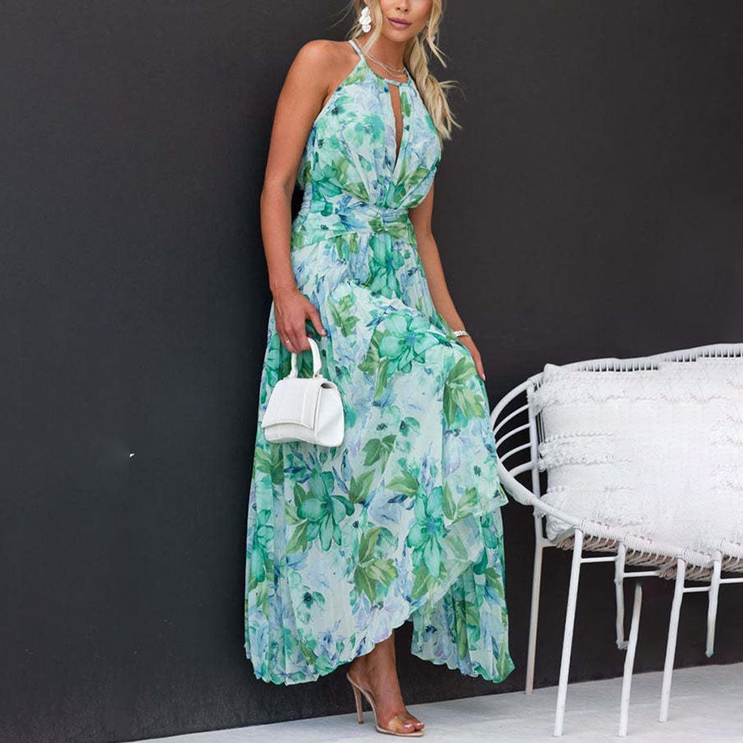 Women's floral halter neck maxi dress with a flattering twist waist, ideal for wedding guests & formal events.