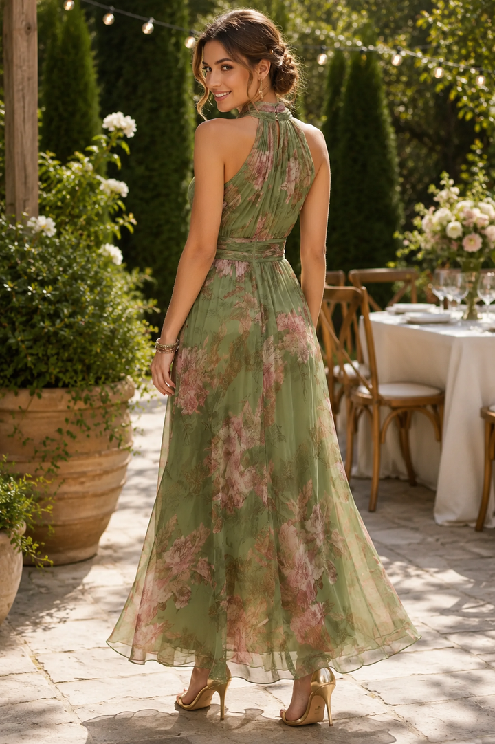 Feminine floral print halter maxi dress for women. Elegant flowy design, great for summer parties & events.