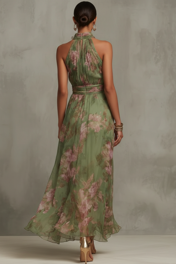 Stylish women's floral halter maxi dress for parties. Elegant, flowing, and perfect for summer fashion.