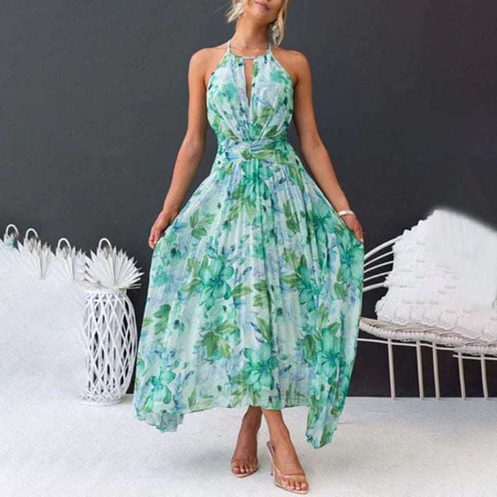 Pleated floral maxi dress for women, designed with a halter neck & flowing skirt for summer wedding guests.