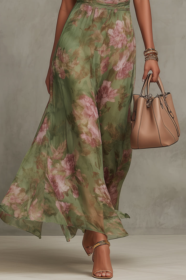 Women's elegant floral halter maxi dress, a chic and flowing summer party dress for special occasions.