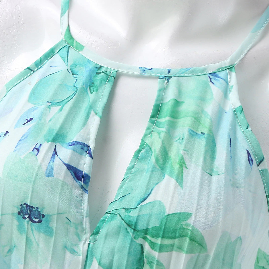 Graceful women's halter floral maxi dress, excellent for a summer wedding guest or special occasion party.