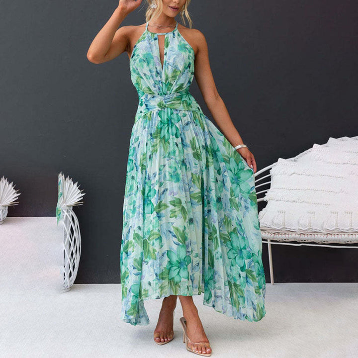 Beautiful women's floral halter maxi dress with a flattering silhouette, perfect for any elegant party.