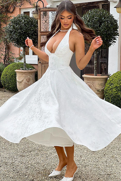 Pretty floral midi dress with a fashionable halter corset, perfect for special events.
