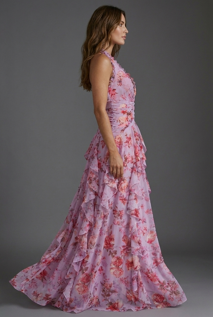 Sleeveless floral halterneck maxi dress for women, featuring a flowing skirt, ideal for spring wedding guests.