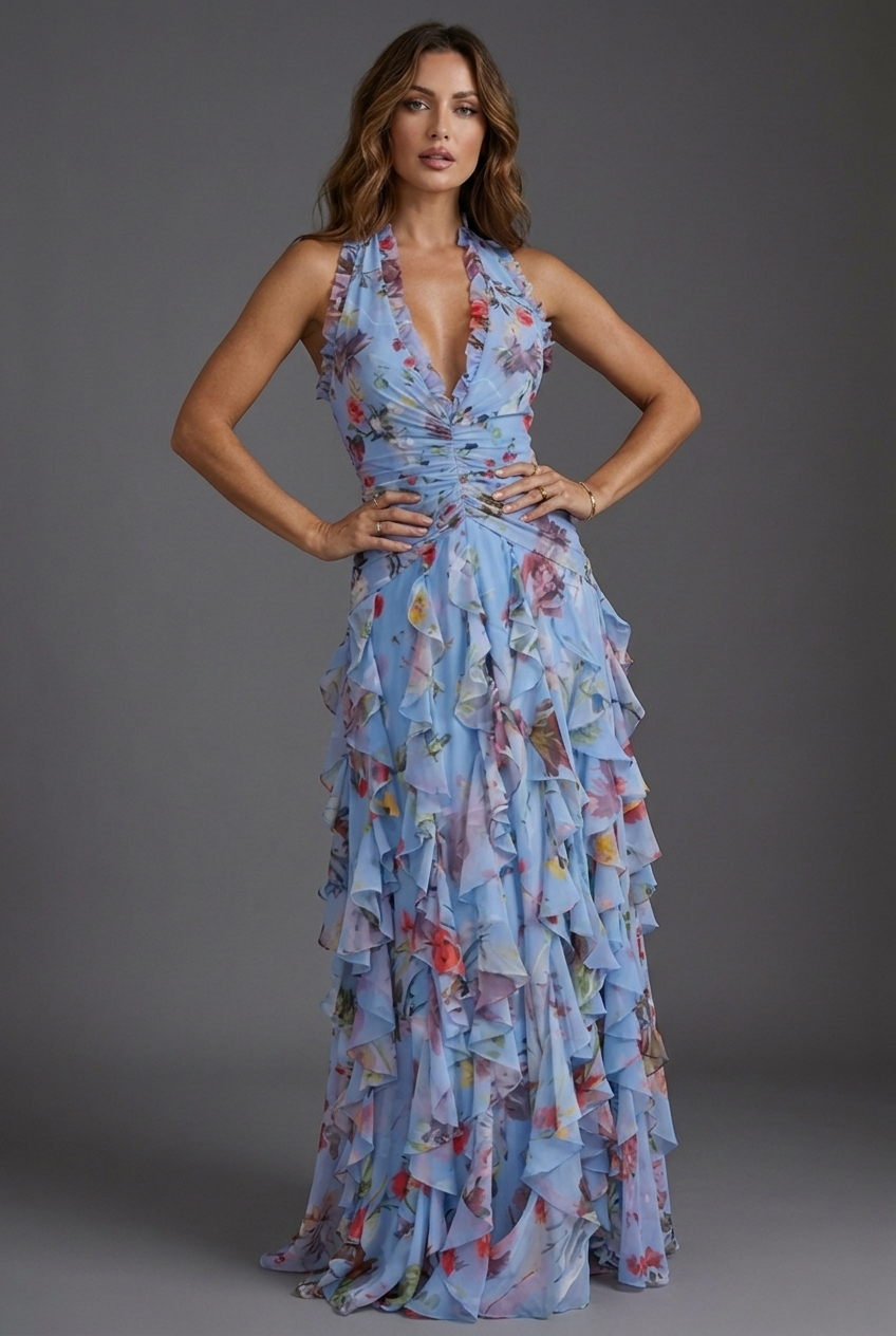 Flowing floral halterneck maxi dress with ruffle skirt, a chic women's summer occasion dress for wedding guests.