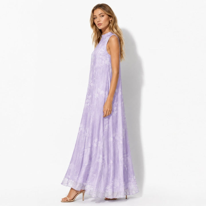 Flowy floral high neck maxi dress for women, ideal as an elegant wedding guest or formal evening gown.
