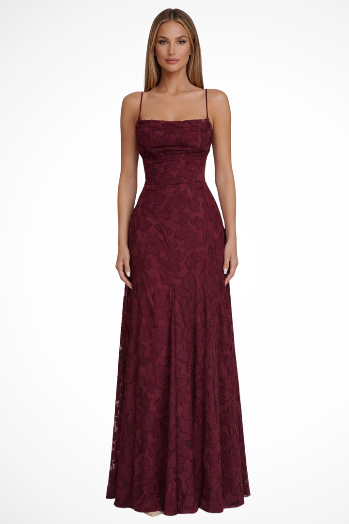 Elegant women's floral jacquard maxi dress with stylish lace-up back, ideal for formal occasions.