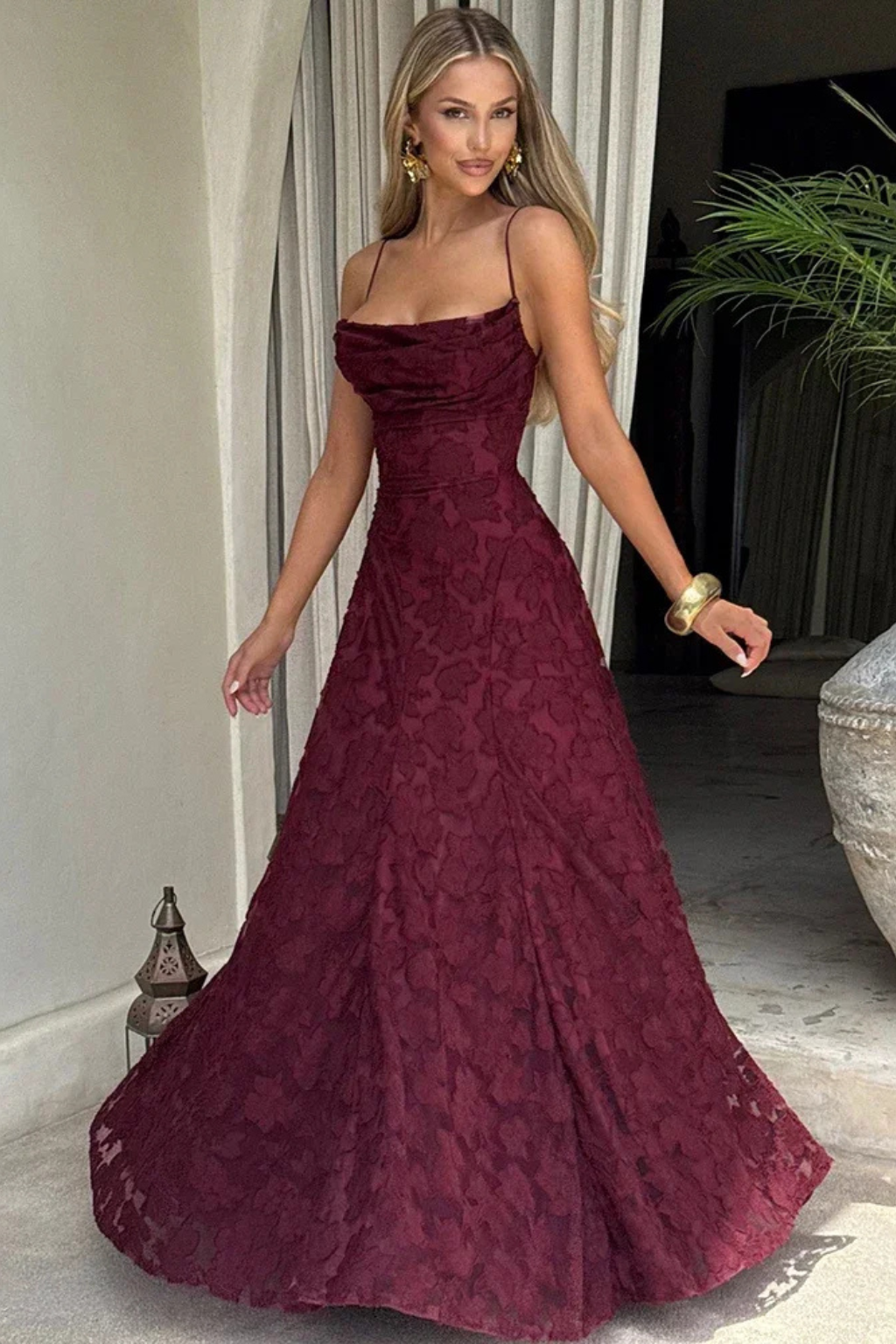Women's formal floral jacquard maxi dress, perfect evening gown for special events & wedding guests.