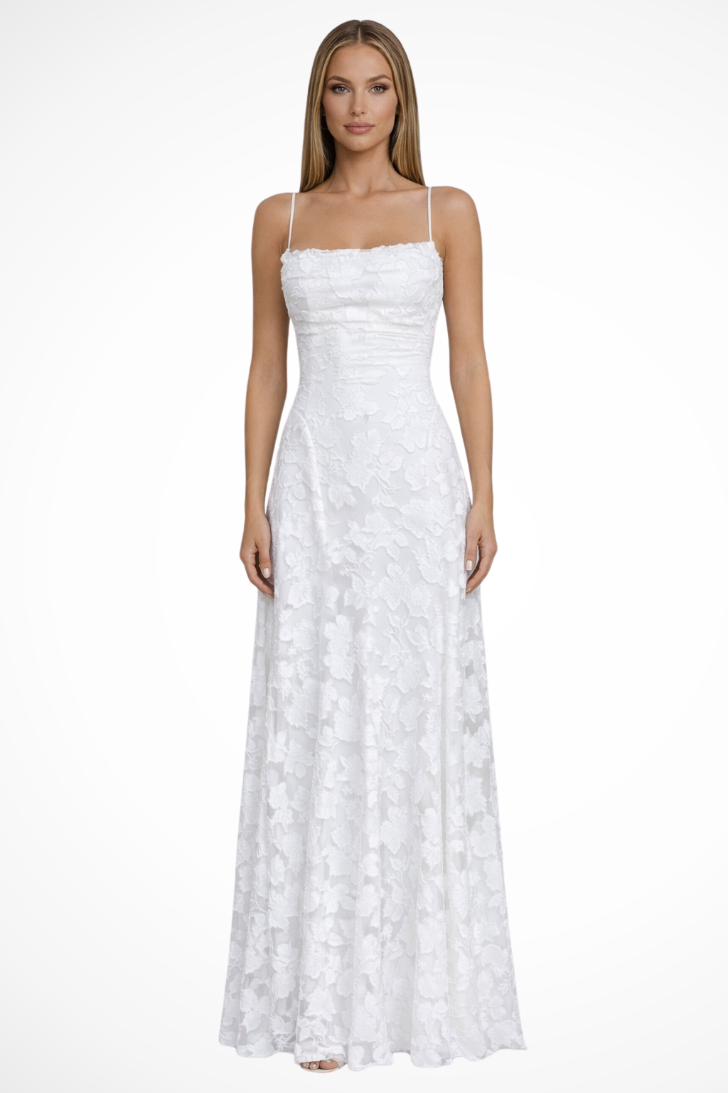 Women's elegant evening gown, floral jacquard maxi dress with sophisticated lace-up back.