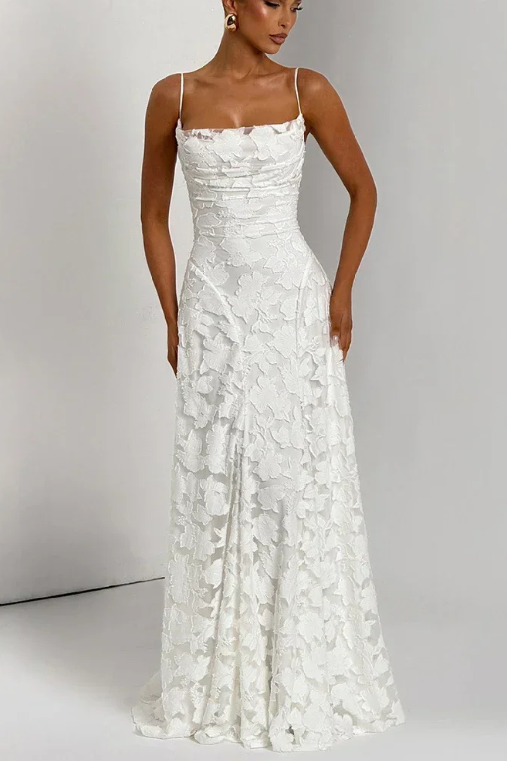 Chic women's floral jacquard maxi dress, detailed with a unique lace-up back, formal and elegant.