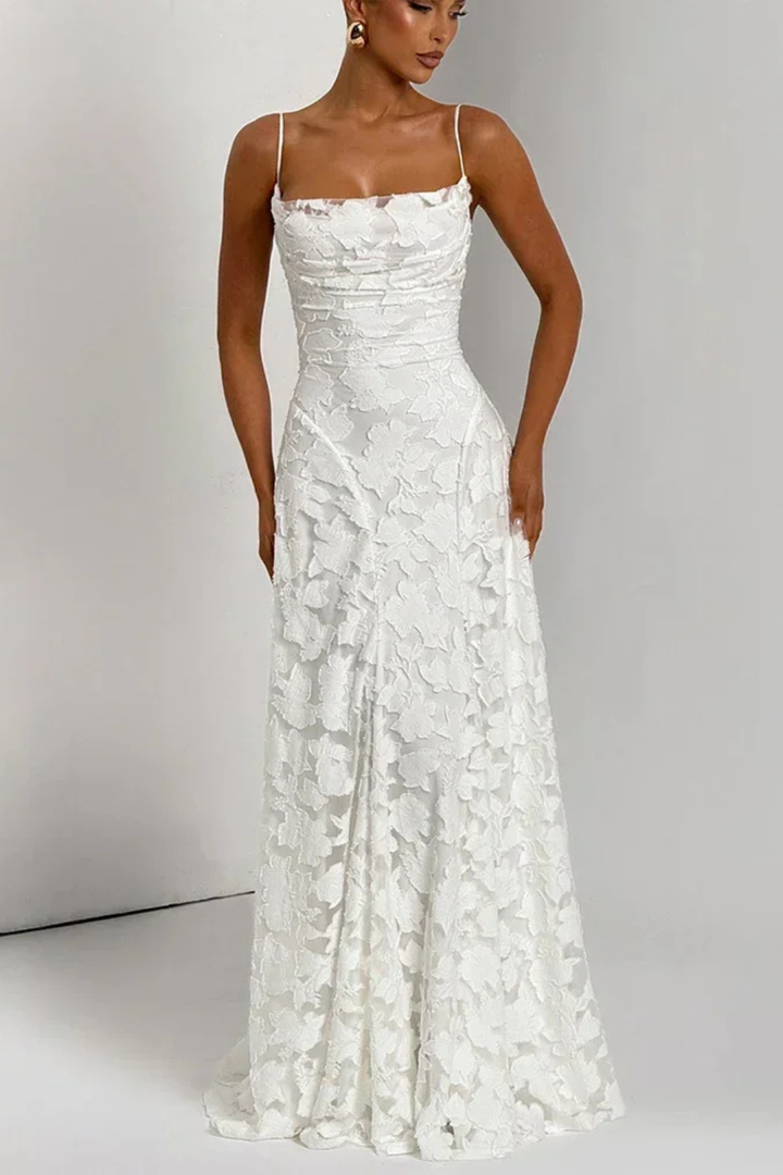 Chic women's floral jacquard maxi dress, detailed with a unique lace-up back, formal and elegant.