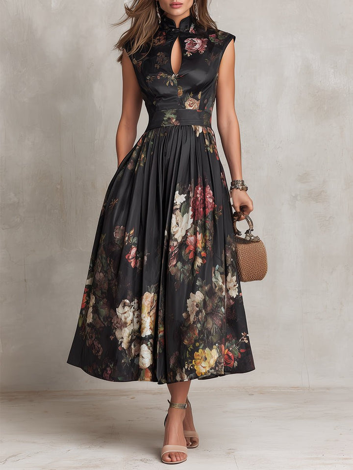 Elegant women's floral keyhole A-line midi dress, perfect for wedding guests or cocktail parties.