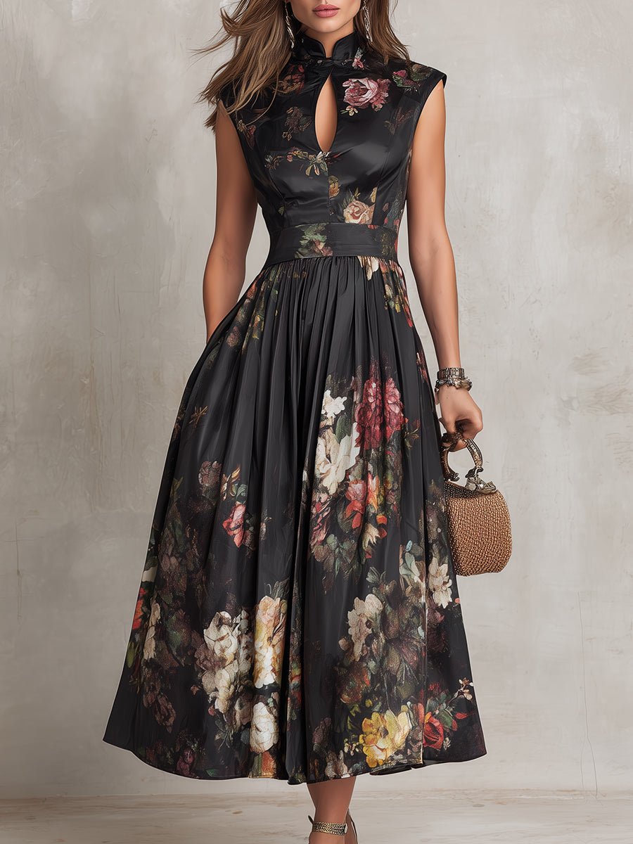 Chic floral midi dress for women, A-line cut & keyhole, suitable for parties, weddings & elegant events.