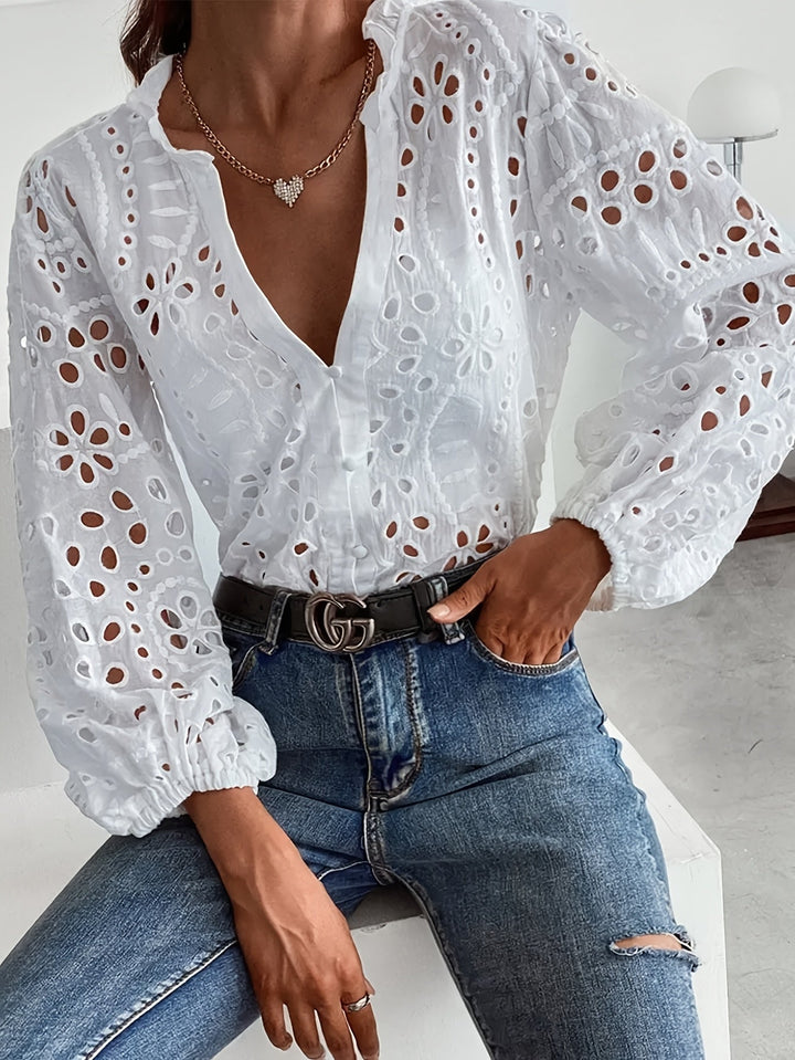Elegant women's floral long-sleeve blouse with button closure, perfect for workwear & casual chic spring fashion.