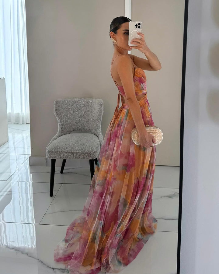 Women's romantic floral print maxi gown. Elegant spring style, perfect for special occasions & evening wear.