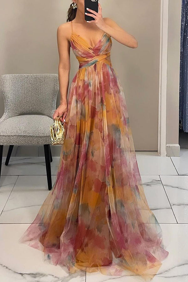 Flattering sleeveless floral maxi dress. Chic women's gown, great for summer parties & special occasions.
