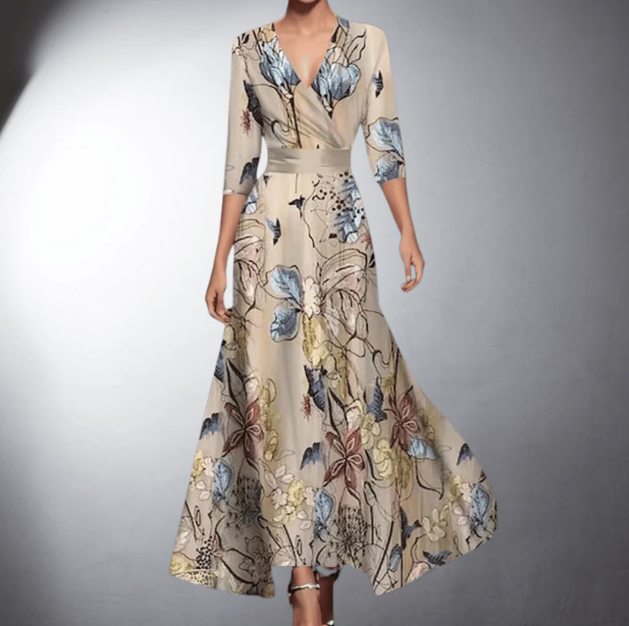 Elegant women's floral maxi dress with a flowing skirt, perfect for summer parties or casual wear.