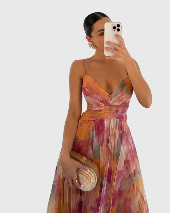 Vibrant floral print women's maxi dress, an elegant summer dress with comfortable adjustable straps.