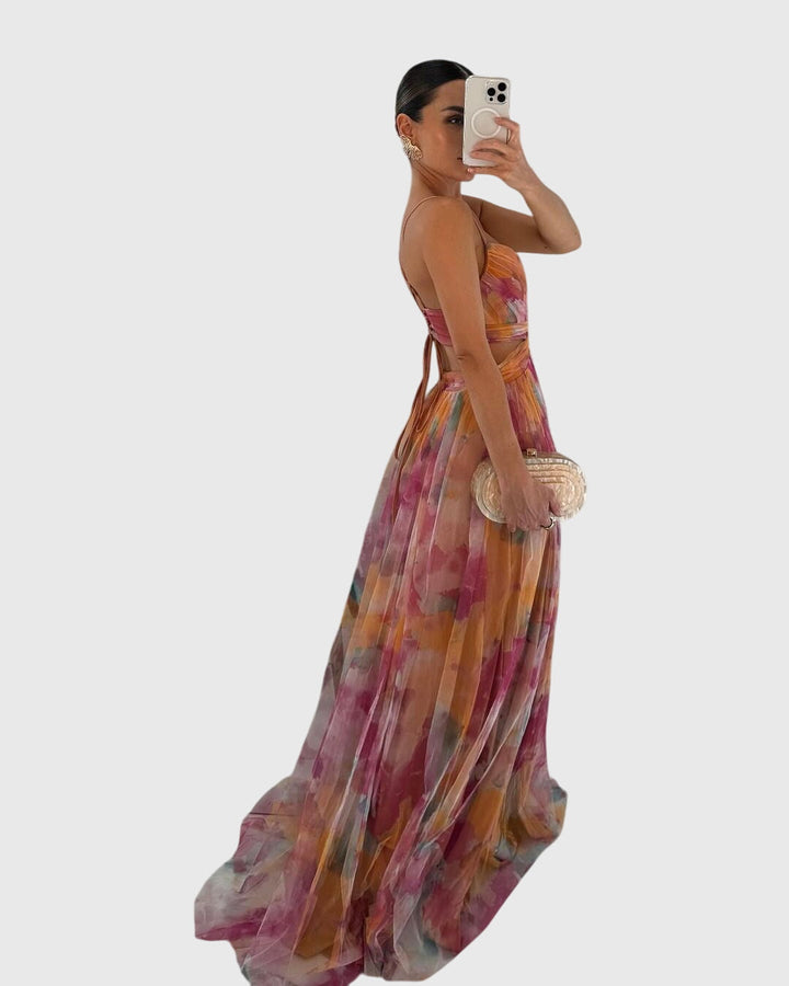 Stylish women's floral maxi dress with flowy design, great for summer vacation and casual wear.