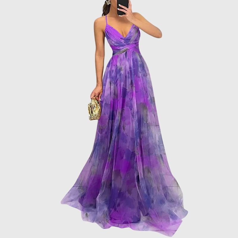 Elegant women's floral print maxi dress, a must-have summer vacation dress with a flattering fit.