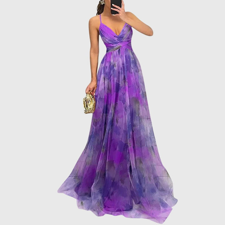 Elegant women's floral print maxi dress, a must-have summer vacation dress with a flattering fit.