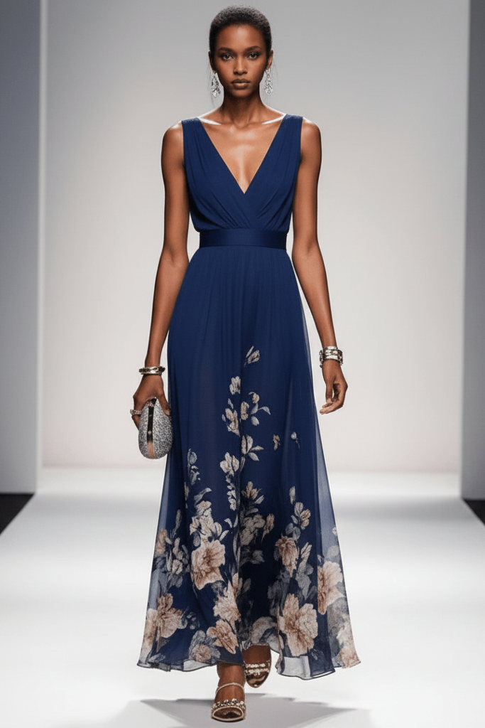 Side view: women's romantic floral maxi dress, highlighting its graceful flow and long silhouette.