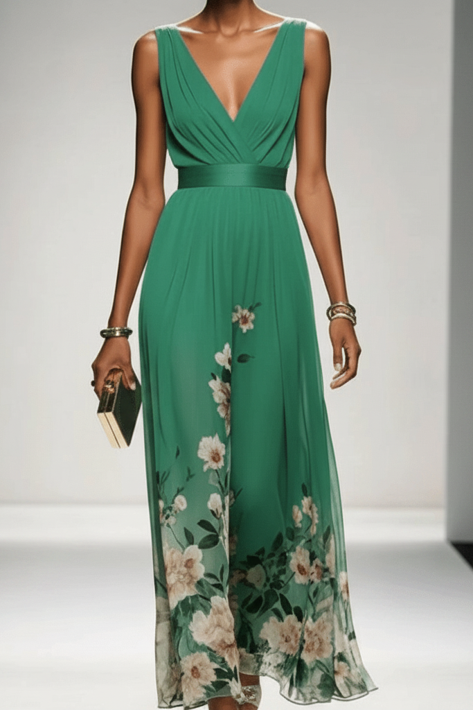 Back view: elegant summer floral maxi dress for women, emphasizing its comfortable, flowing fit.