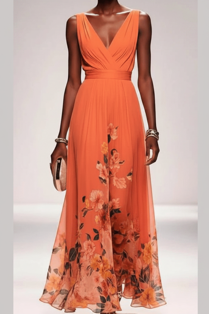 Close-up of beautiful floral print on women's romantic maxi dress, showcasing vibrant details.