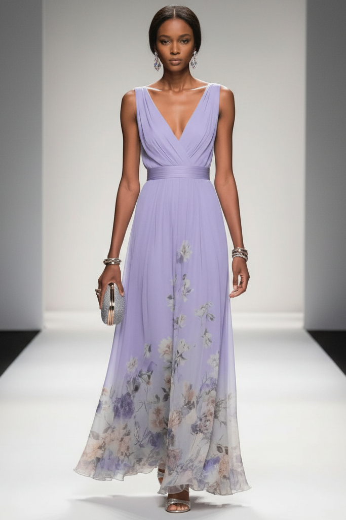 Full length: woman wearing elegant floral maxi dress, perfect for a romantic summer day.